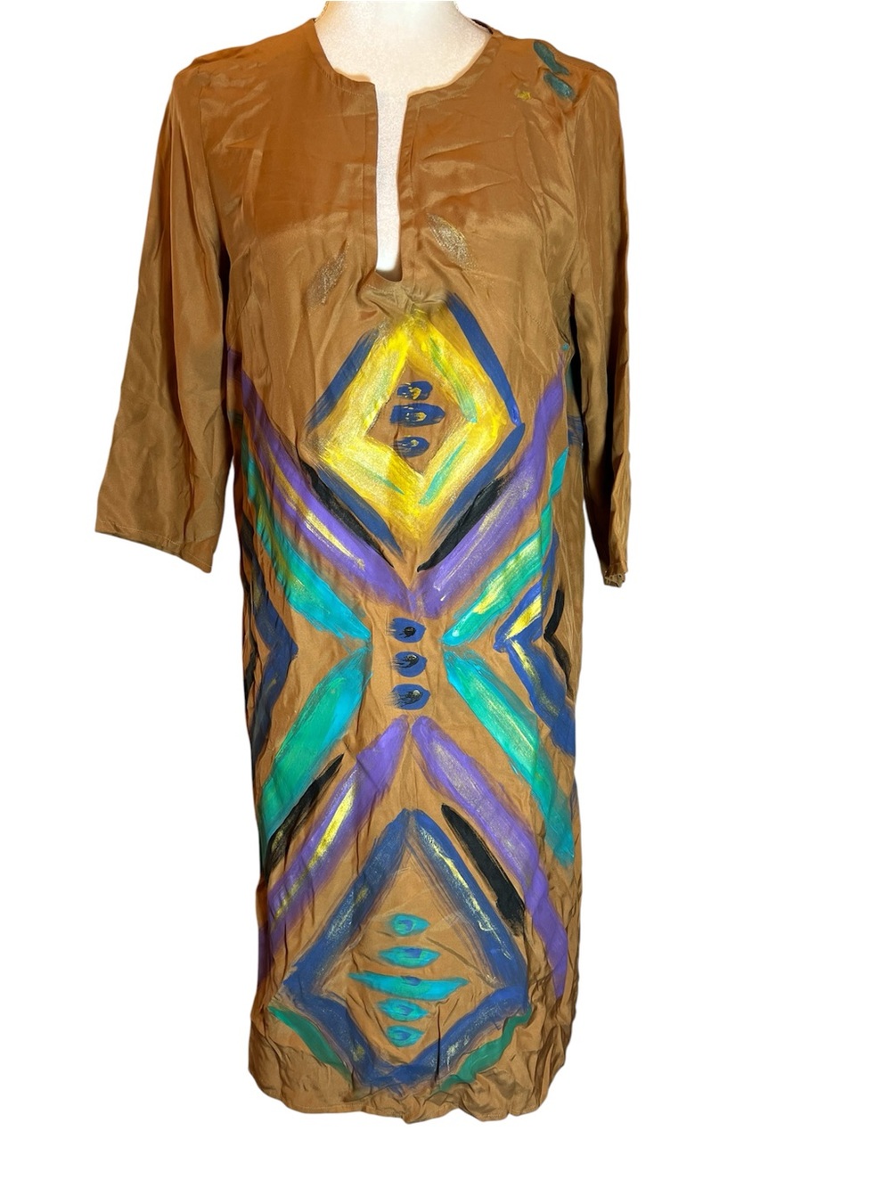 Loup Brown Tunic Dress with Teal, Purple & Yellow Hand-Painted Motif